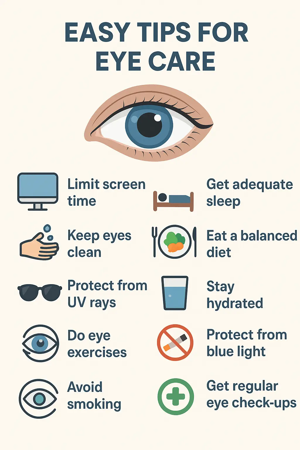 Easy eye care tips infographic - screen time, sleep, UV protection, diet, exercises