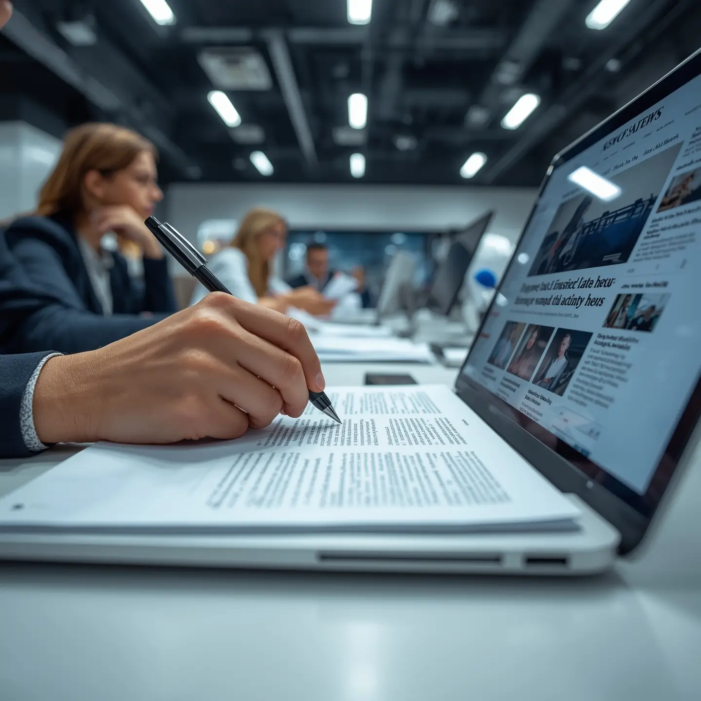 An image of a modern newsroom with journalists collaborating.